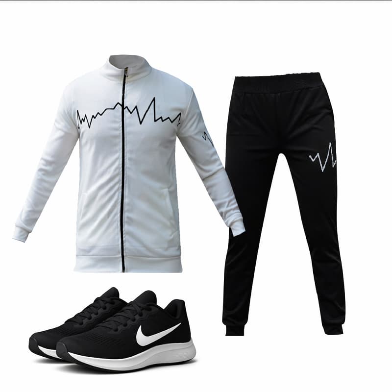 پکیج ست سوییشرت شلوار مردانه سفید مدل EKO  کفش ورزشی مردانه Nike مدل Tigo زیره سفید